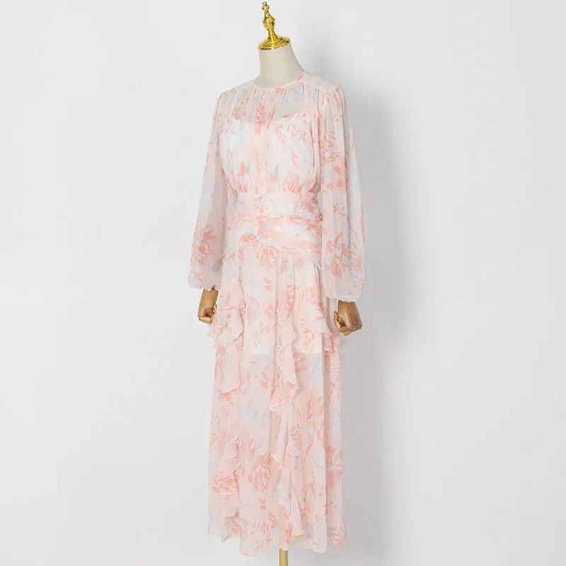 puff long sleeve tiered ruffle hem maxi dress in pink Gloria Lanvin