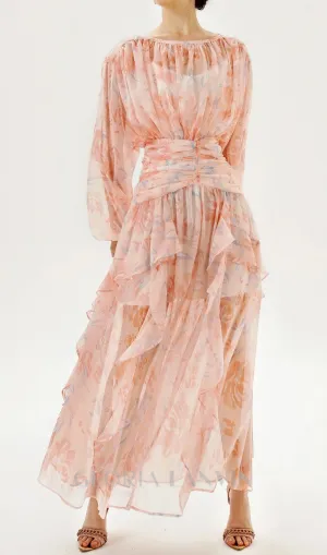 puff long sleeve tiered ruffle hem maxi dress in pink Gloria Lanvin
