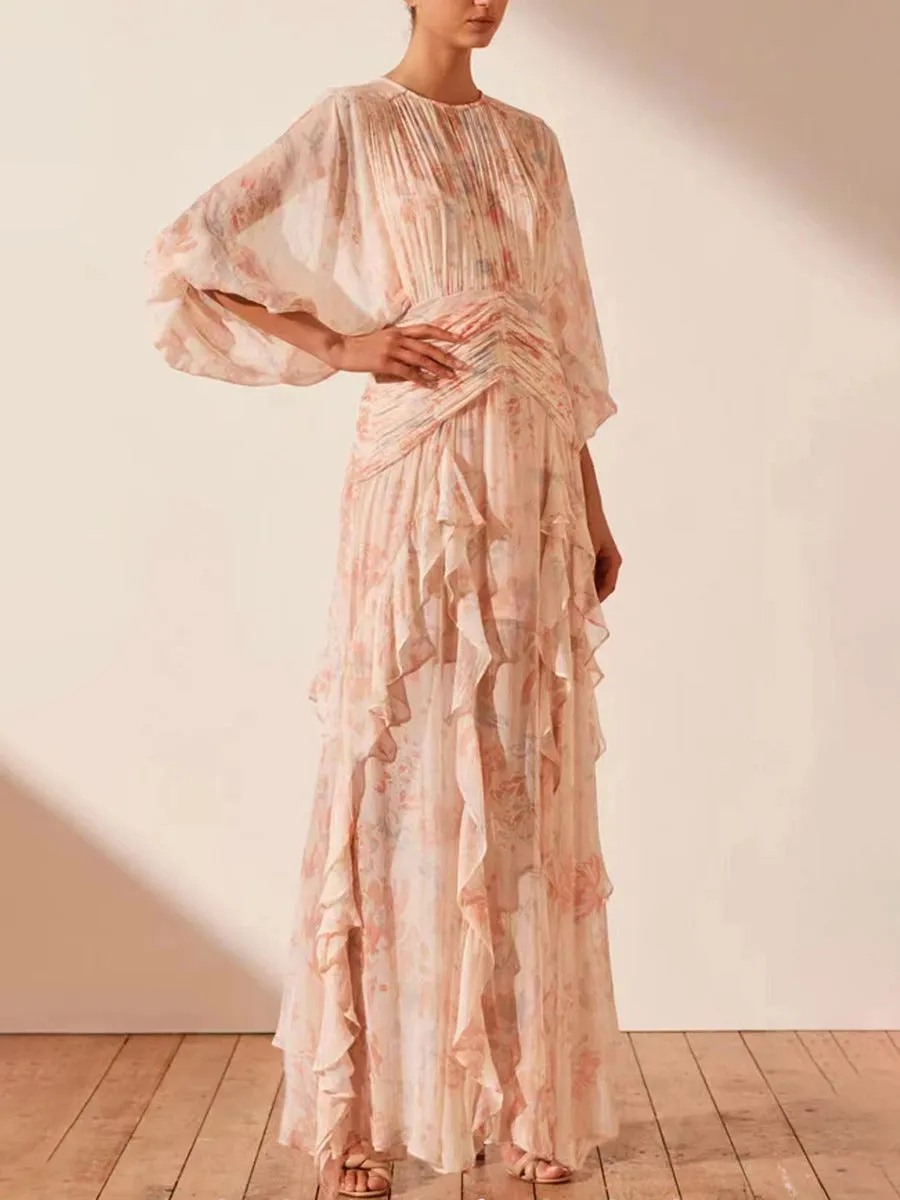 puff long sleeve tiered ruffle hem maxi dress in pink Gloria Lanvin