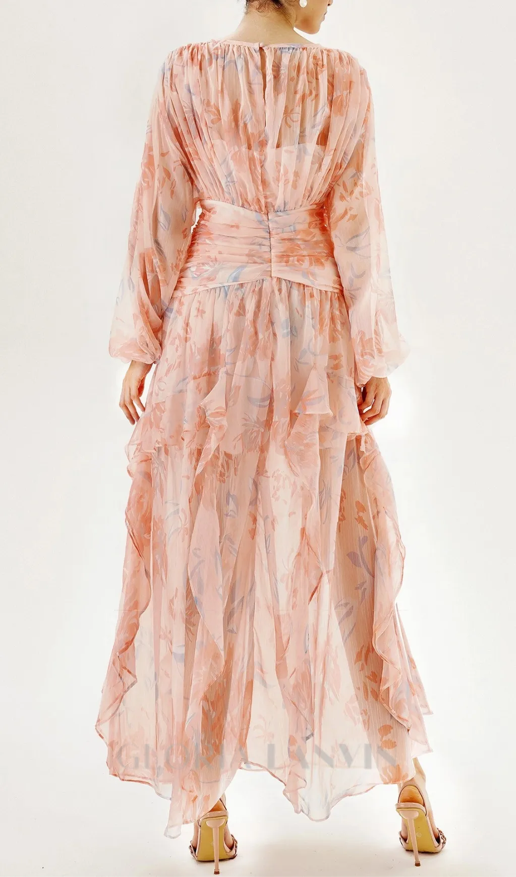 puff long sleeve tiered ruffle hem maxi dress in pink Gloria Lanvin