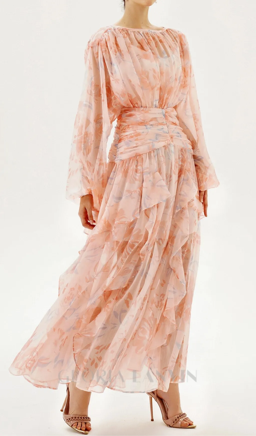 puff long sleeve tiered ruffle hem maxi dress in pink Gloria Lanvin