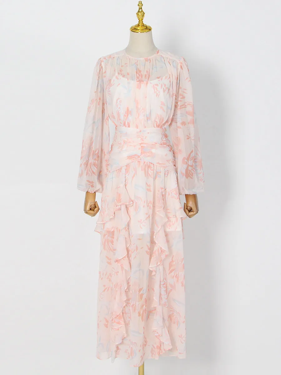 puff long sleeve tiered ruffle hem maxi dress in pink Gloria Lanvin