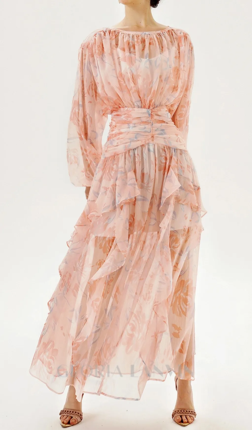 puff long sleeve tiered ruffle hem maxi dress in pink Gloria Lanvin