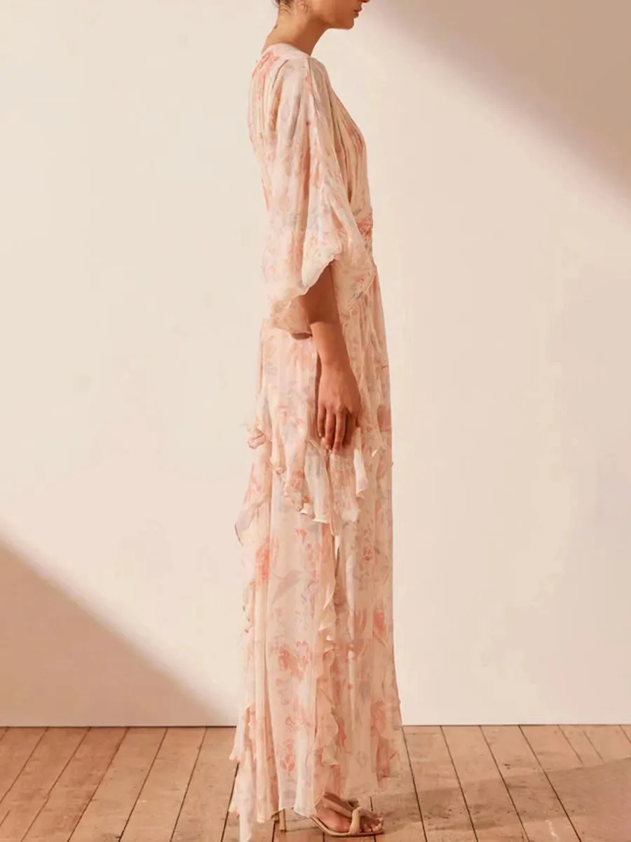 puff long sleeve tiered ruffle hem maxi dress in pink Gloria Lanvin