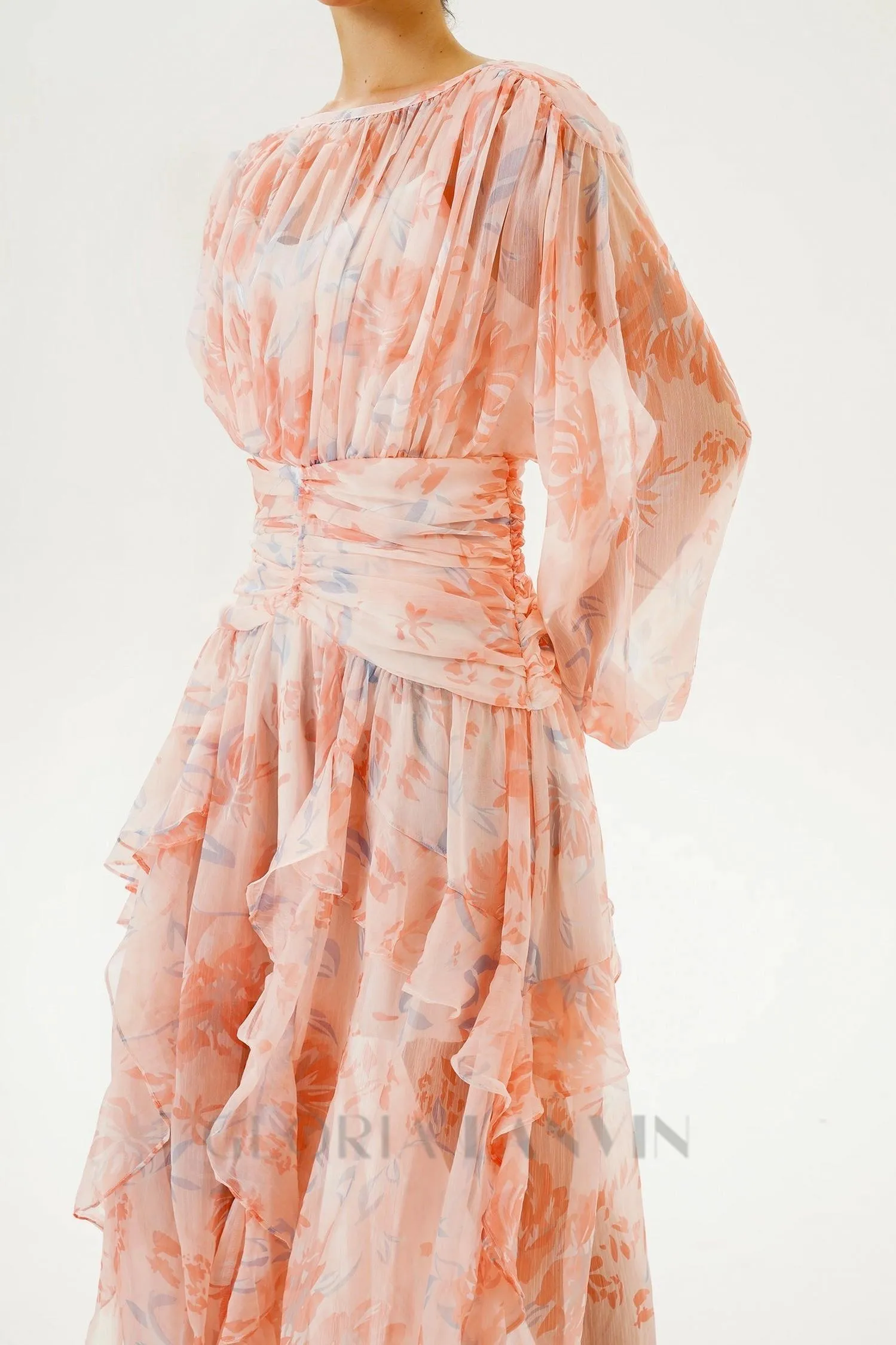 puff long sleeve tiered ruffle hem maxi dress in pink Gloria Lanvin