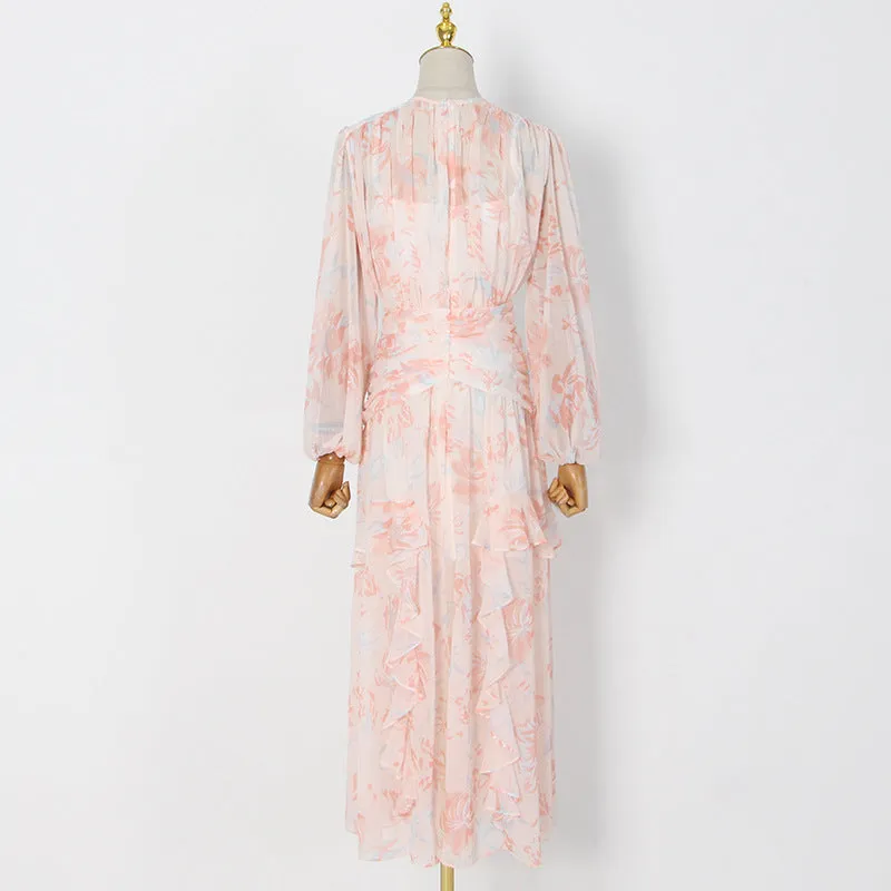 puff long sleeve tiered ruffle hem maxi dress in pink Gloria Lanvin