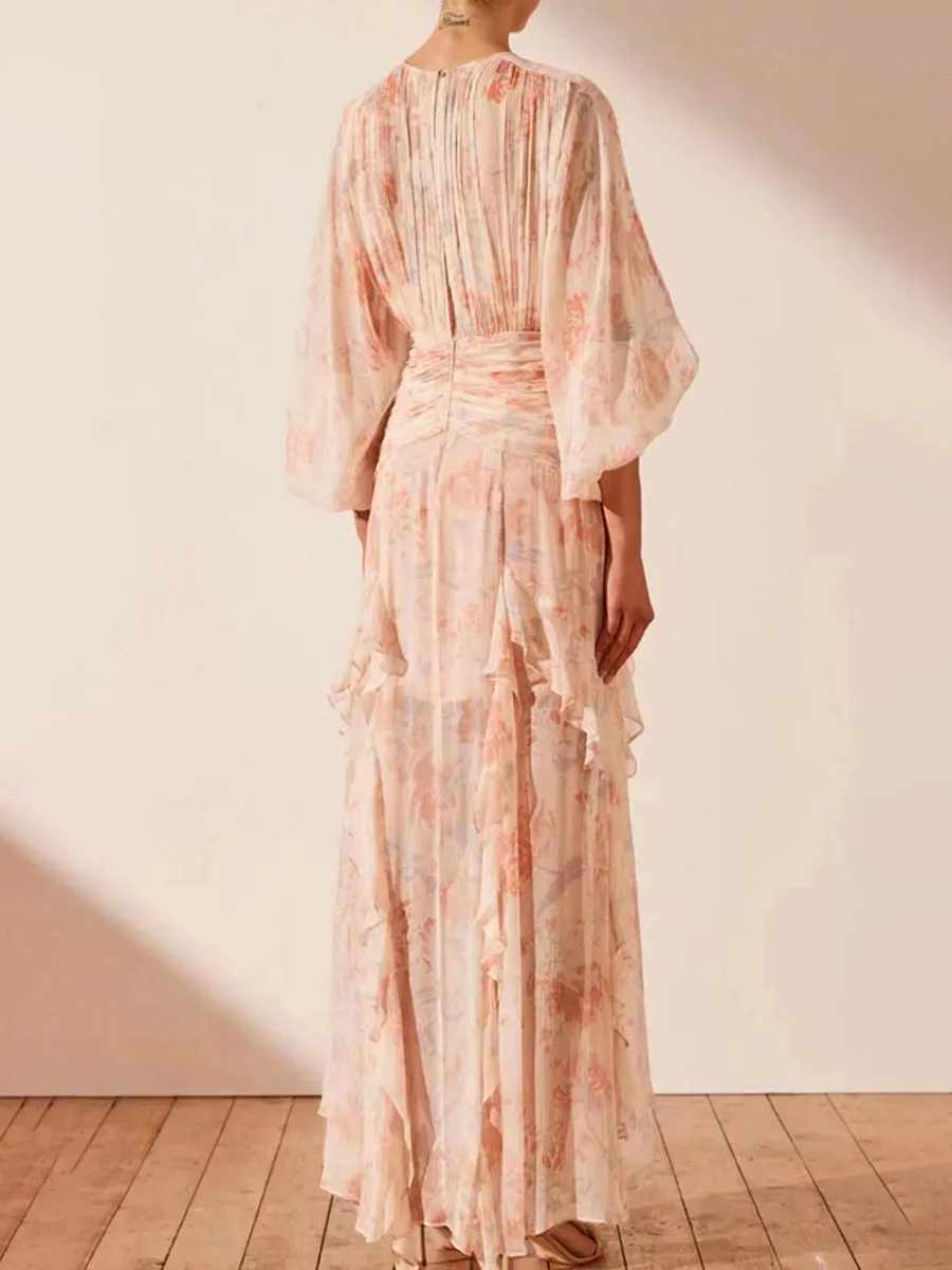 puff long sleeve tiered ruffle hem maxi dress in pink Gloria Lanvin