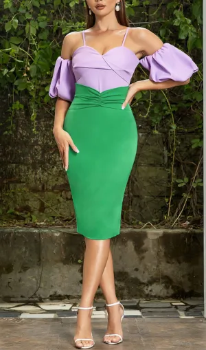 PUFF SLEEVE BODYCON STRAP MIDI DRESS Gloria Lanvin
