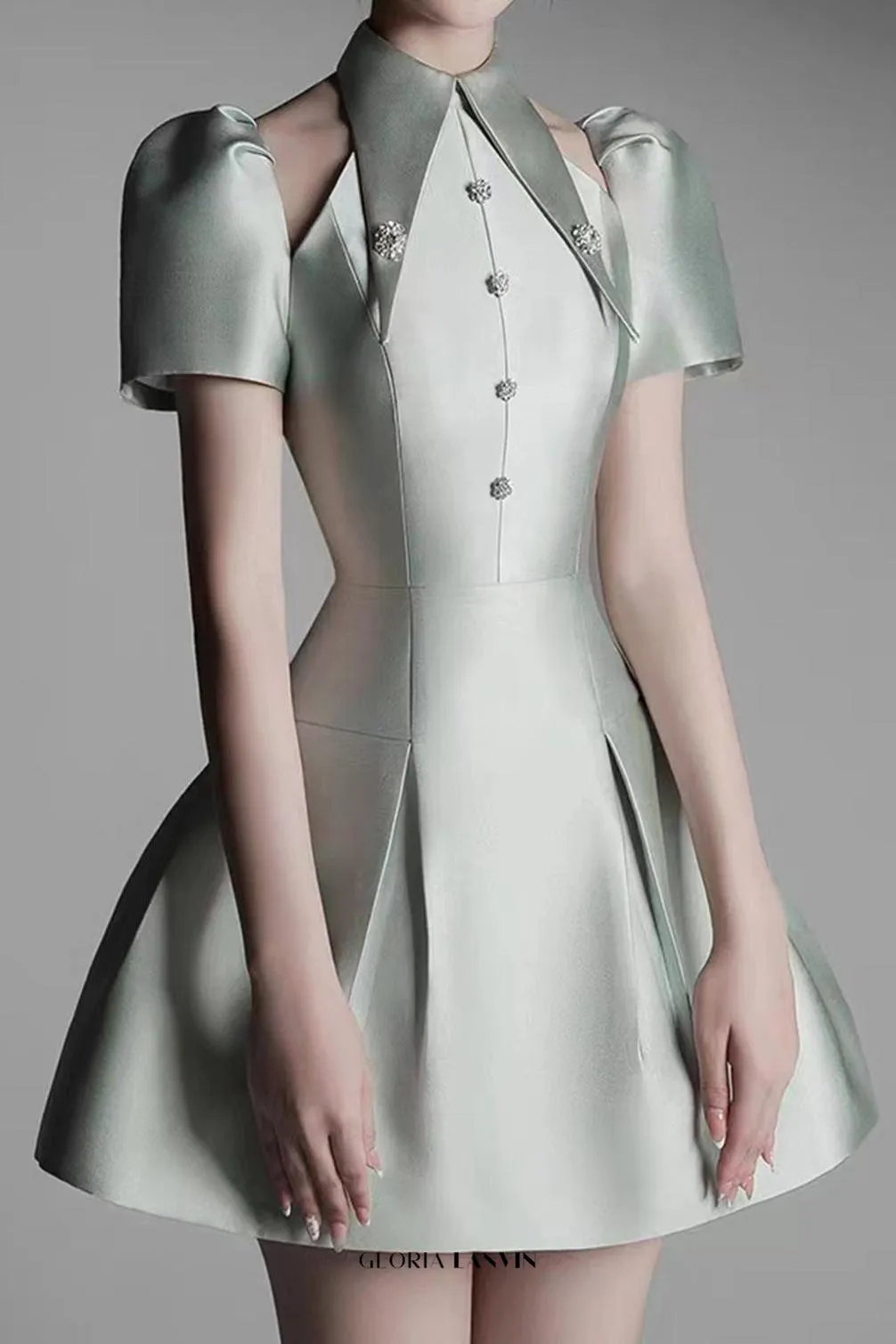 puff sleeve cut out a-line mini dress in green Gloria Lanvin