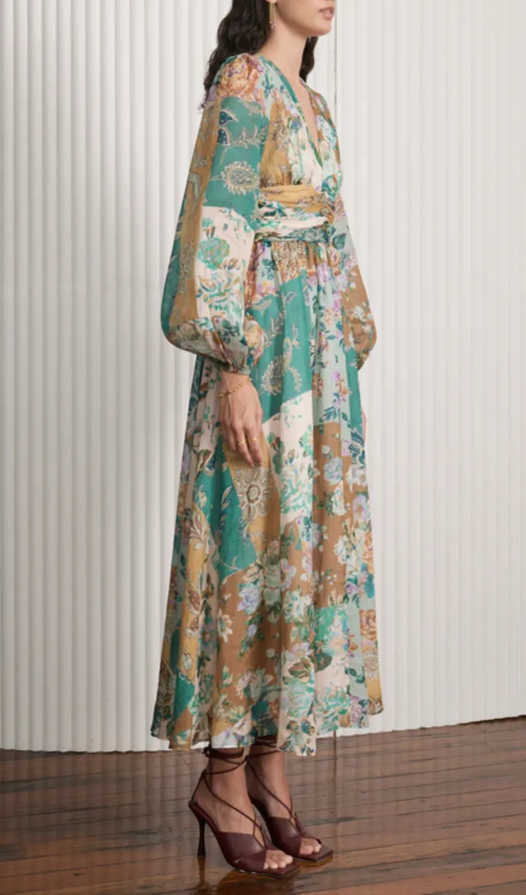 PUFF SLEEVE FLORAL PRINT V NECK RUCHED MIDI DRESS Gloria Lanvin