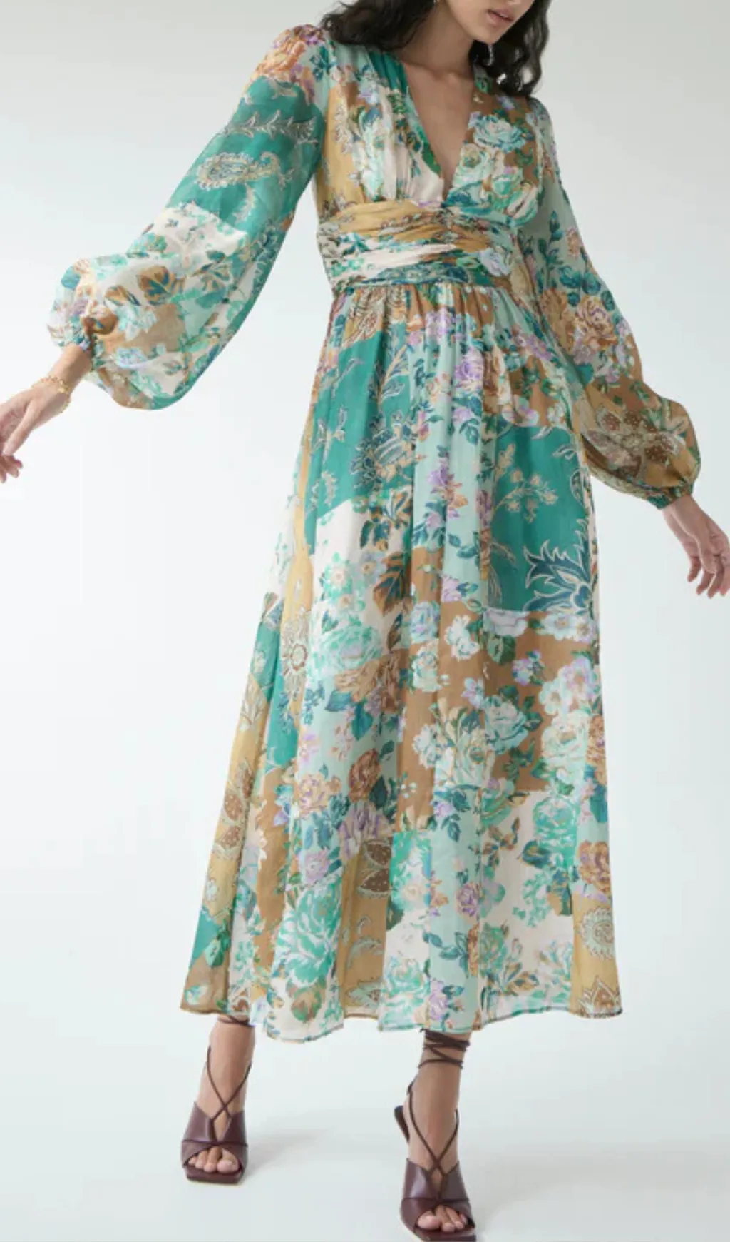 PUFF SLEEVE FLORAL PRINT V NECK RUCHED MIDI DRESS Gloria Lanvin
