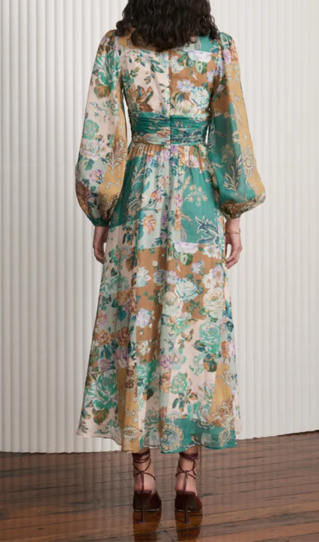 PUFF SLEEVE FLORAL PRINT V NECK RUCHED MIDI DRESS Gloria Lanvin