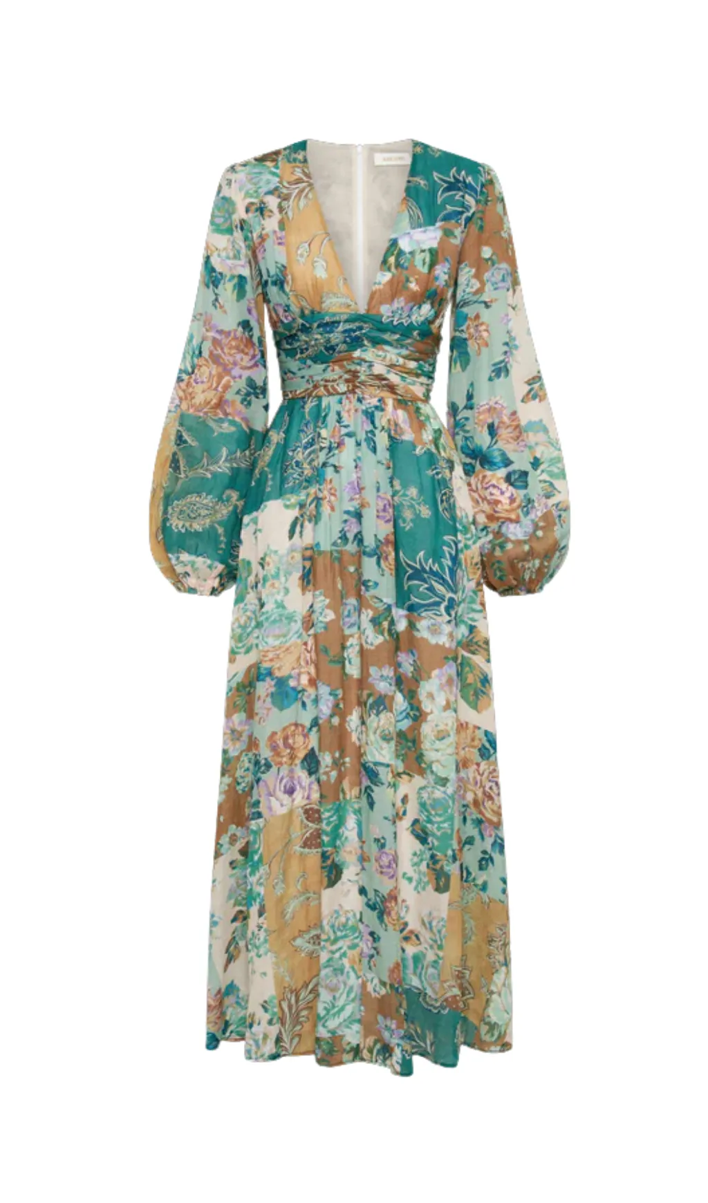 PUFF SLEEVE FLORAL PRINT V NECK RUCHED MIDI DRESS Gloria Lanvin
