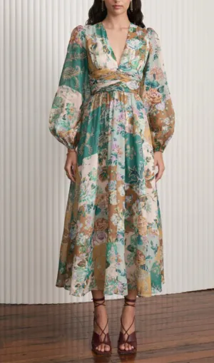 PUFF SLEEVE FLORAL PRINT V NECK RUCHED MIDI DRESS Gloria Lanvin