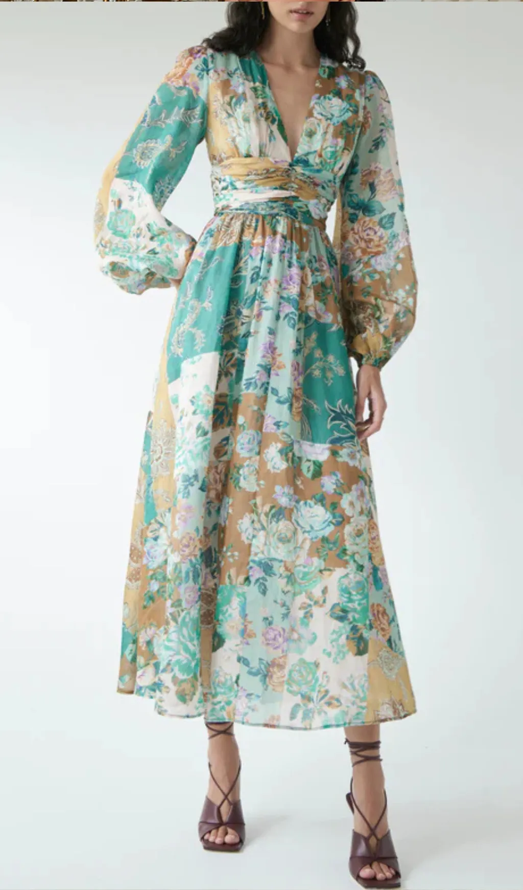 PUFF SLEEVE FLORAL PRINT V NECK RUCHED MIDI DRESS Gloria Lanvin