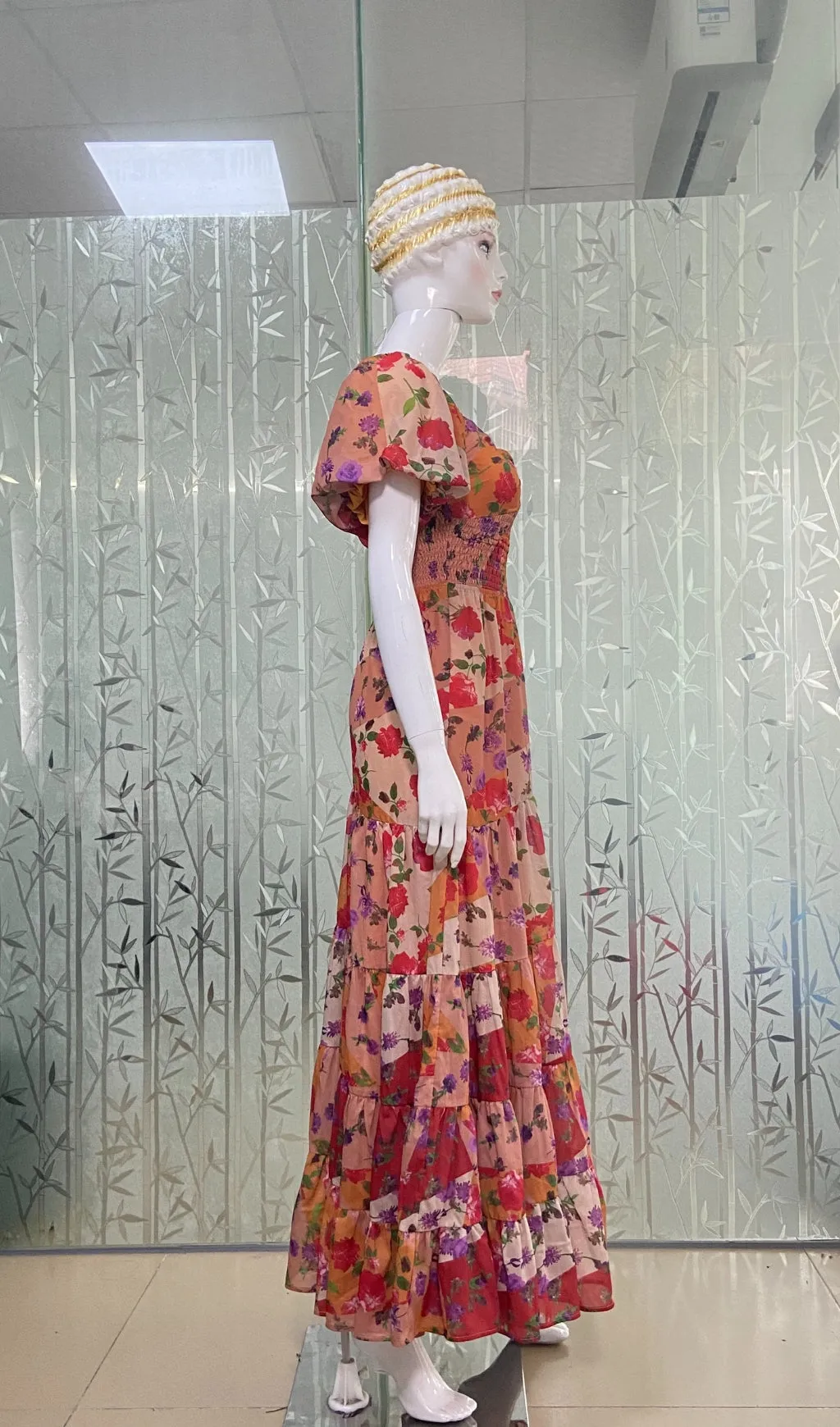 PUFF SLEEVE FLORAL PRINTED MAXI DRESS Gloria Lanvin