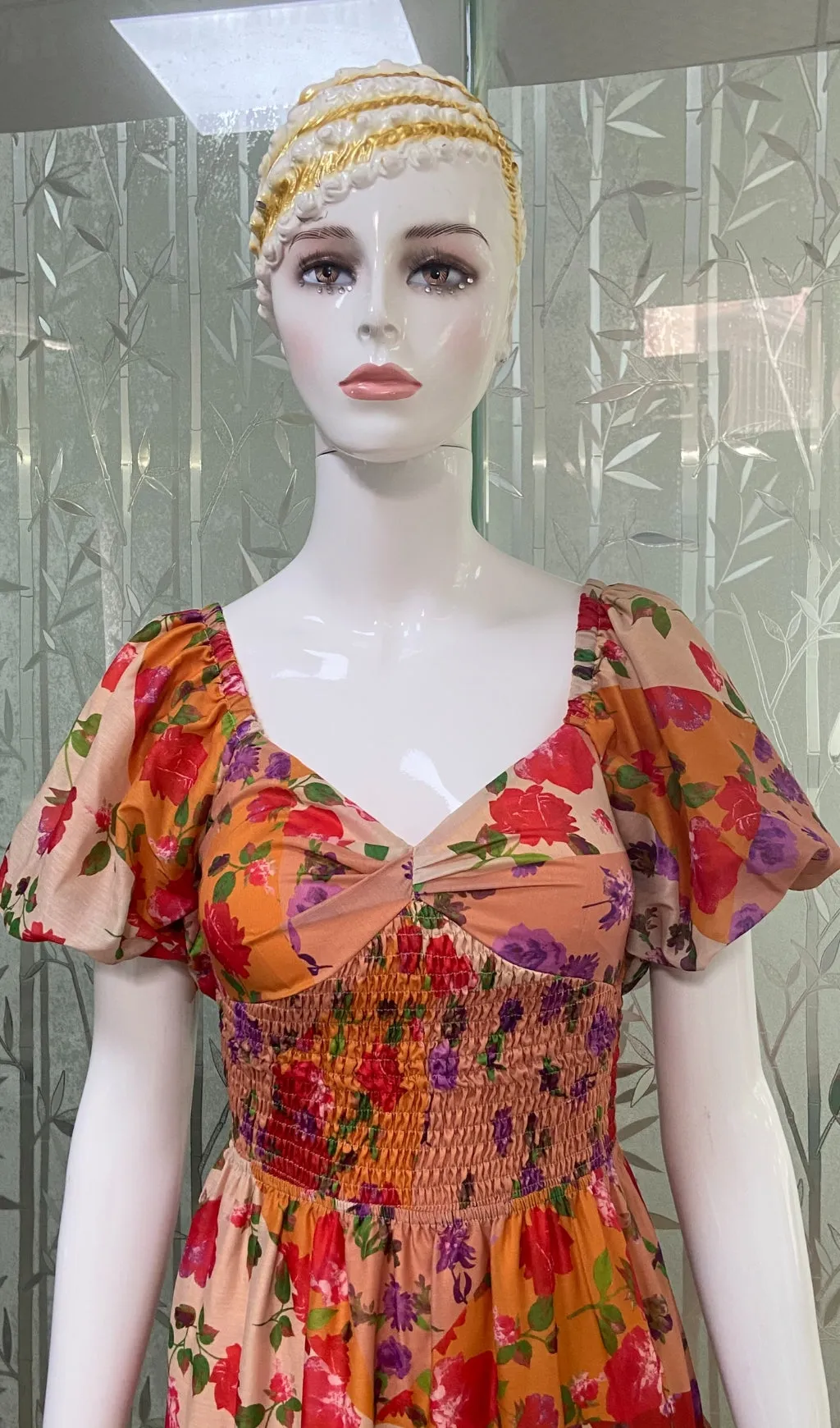 PUFF SLEEVE FLORAL PRINTED MAXI DRESS Gloria Lanvin