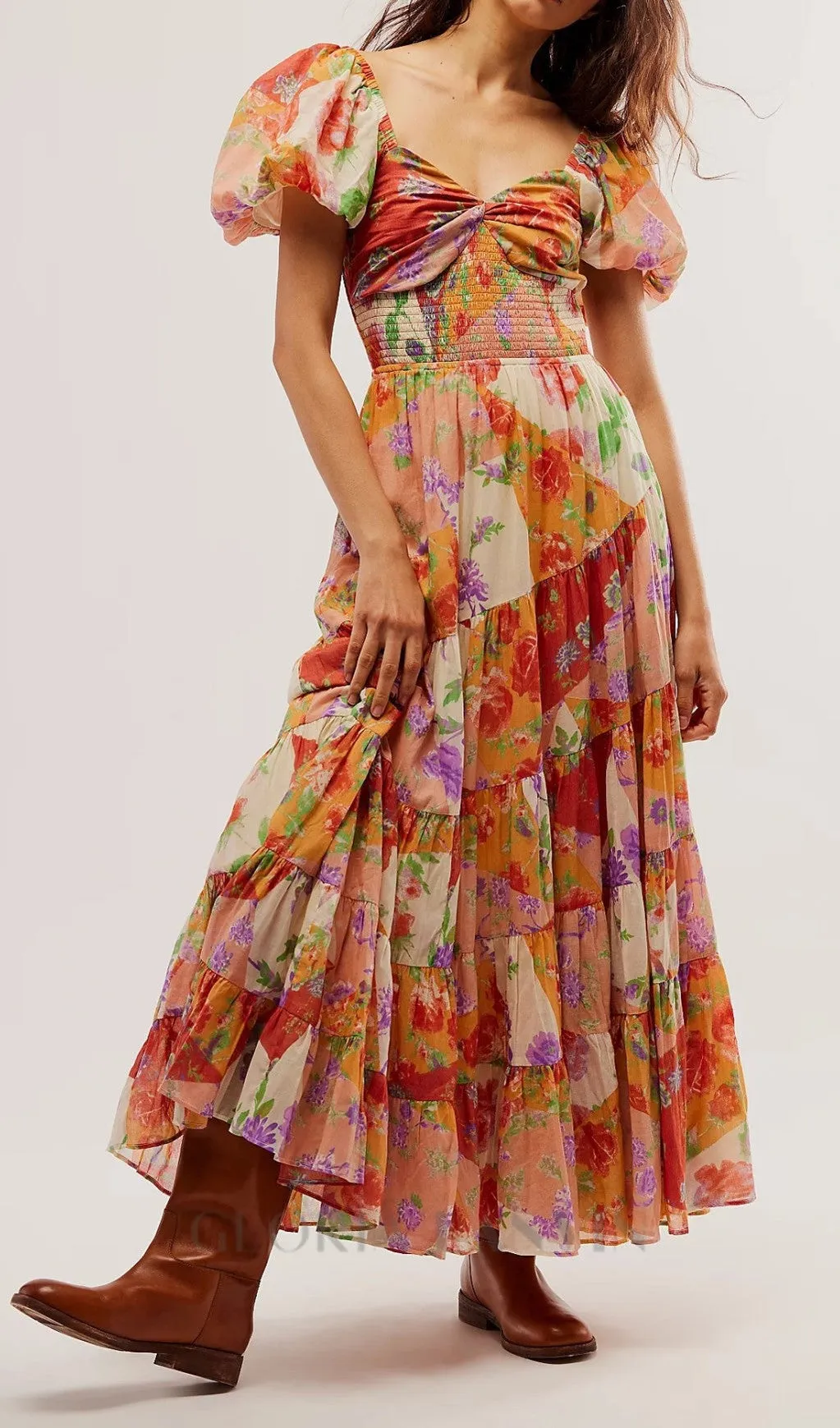 PUFF SLEEVE FLORAL PRINTED MAXI DRESS Gloria Lanvin