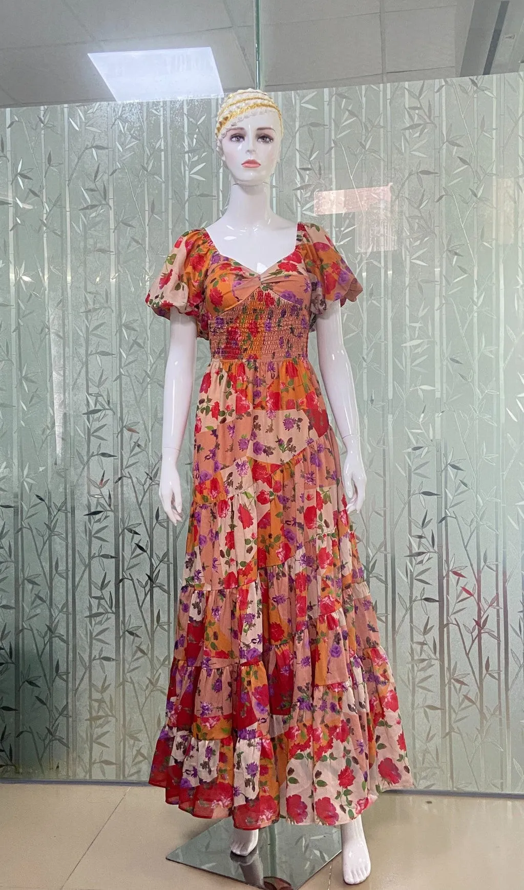PUFF SLEEVE FLORAL PRINTED MAXI DRESS Gloria Lanvin