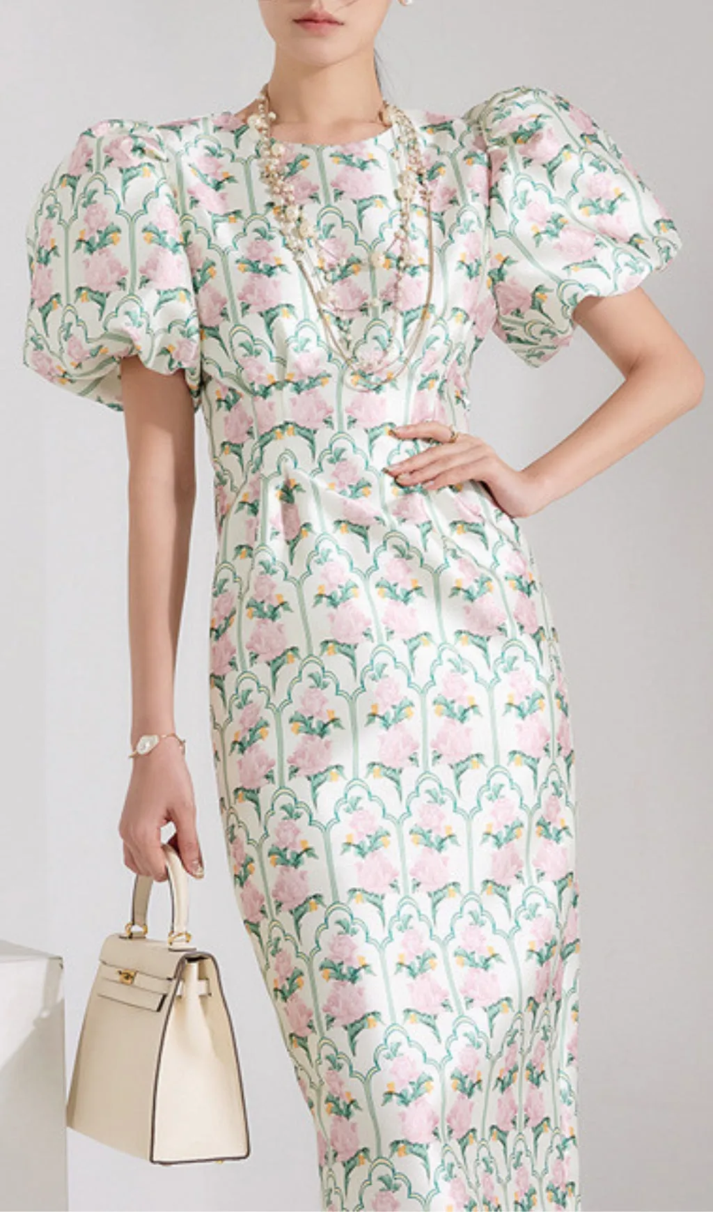 PUFF-SLEEVE FLORAL PRINTED MIDI DRESS Gloria Lanvin