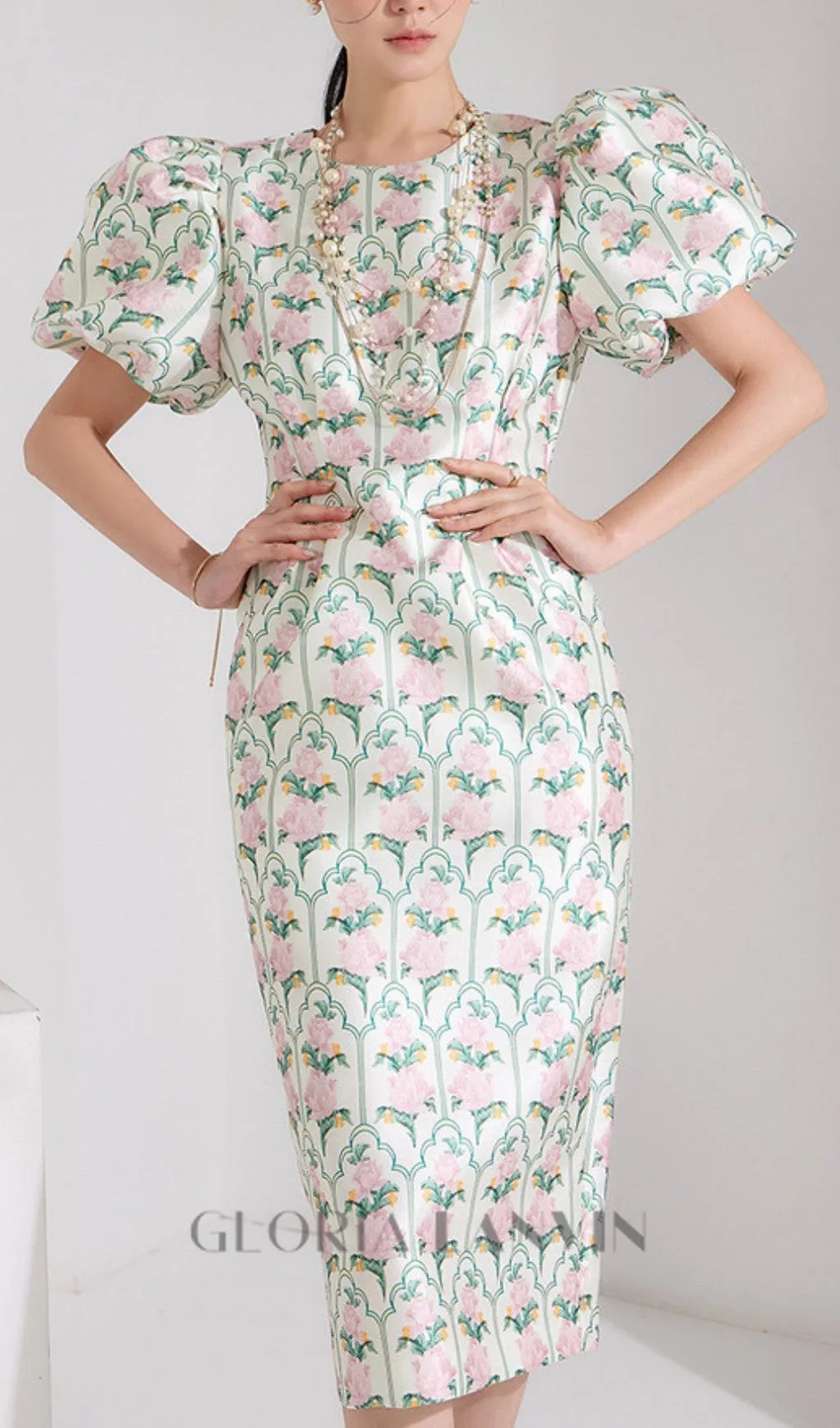 PUFF-SLEEVE FLORAL PRINTED MIDI DRESS Gloria Lanvin