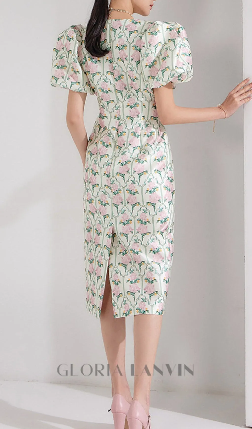 PUFF-SLEEVE FLORAL PRINTED MIDI DRESS Gloria Lanvin