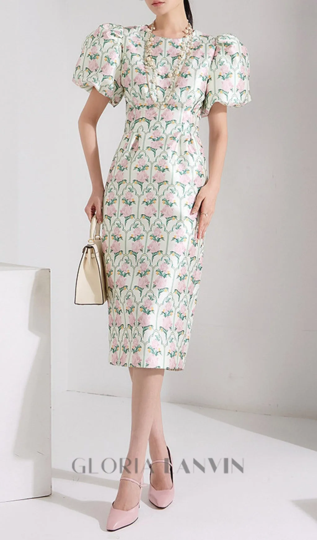 PUFF-SLEEVE FLORAL PRINTED MIDI DRESS Gloria Lanvin