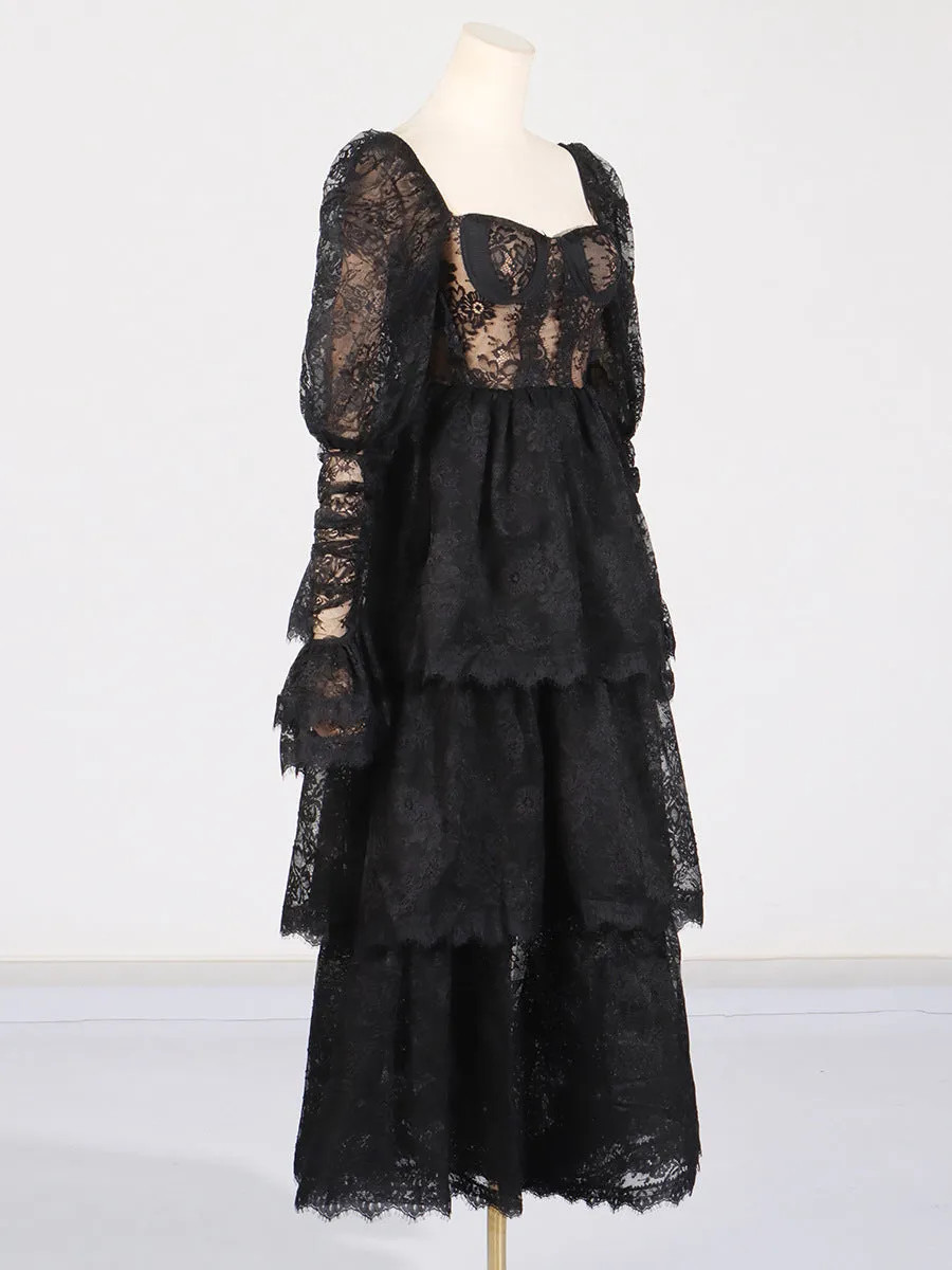 PUFF SLEEVE LACE MAXI DRESS IN BLACK Gloria Lanvin