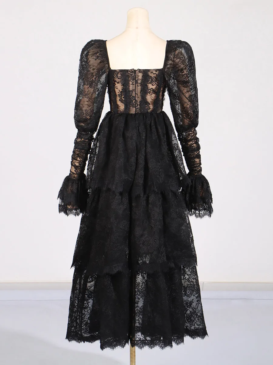 PUFF SLEEVE LACE MAXI DRESS IN BLACK Gloria Lanvin