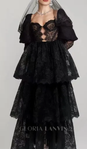 PUFF SLEEVE LACE MAXI DRESS IN BLACK Gloria Lanvin