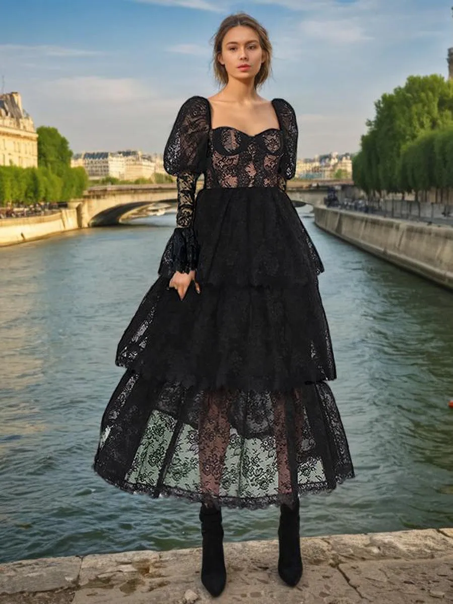 PUFF SLEEVE LACE MAXI DRESS IN BLACK Gloria Lanvin