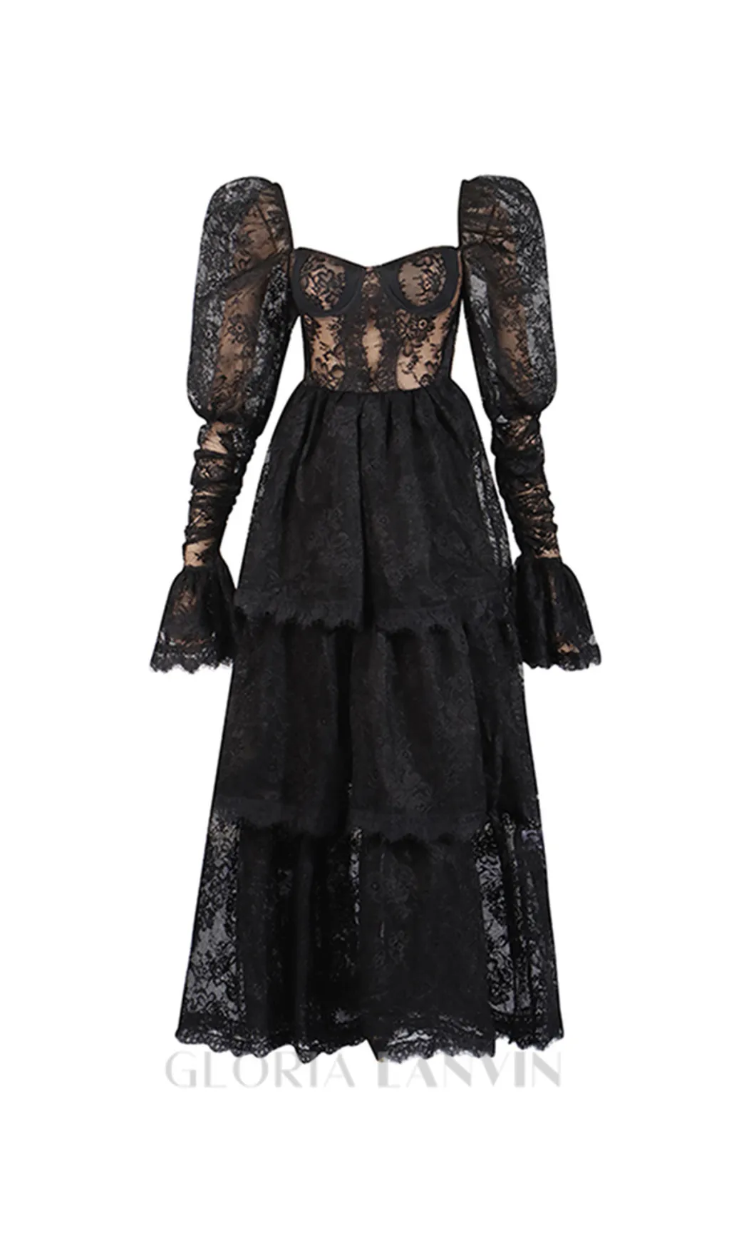 PUFF SLEEVE LACE MAXI DRESS IN BLACK Gloria Lanvin
