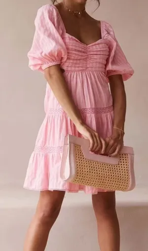 PUFF SLEEVE LACE MINI DRESS IN PINK Gloria Lanvin