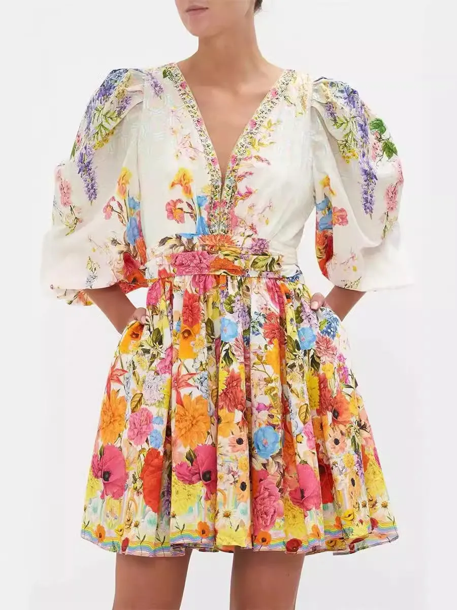 PUFF SLEEVE PRINT SILK MINI DRESS Gloria Lanvin