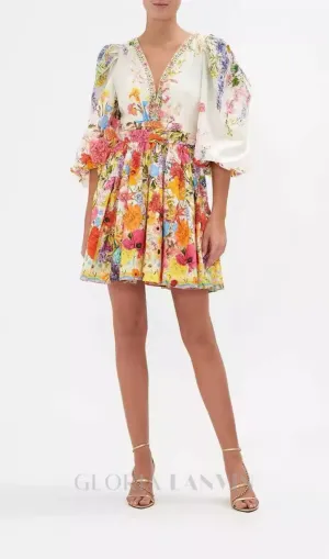 PUFF SLEEVE PRINT SILK MINI DRESS Gloria Lanvin