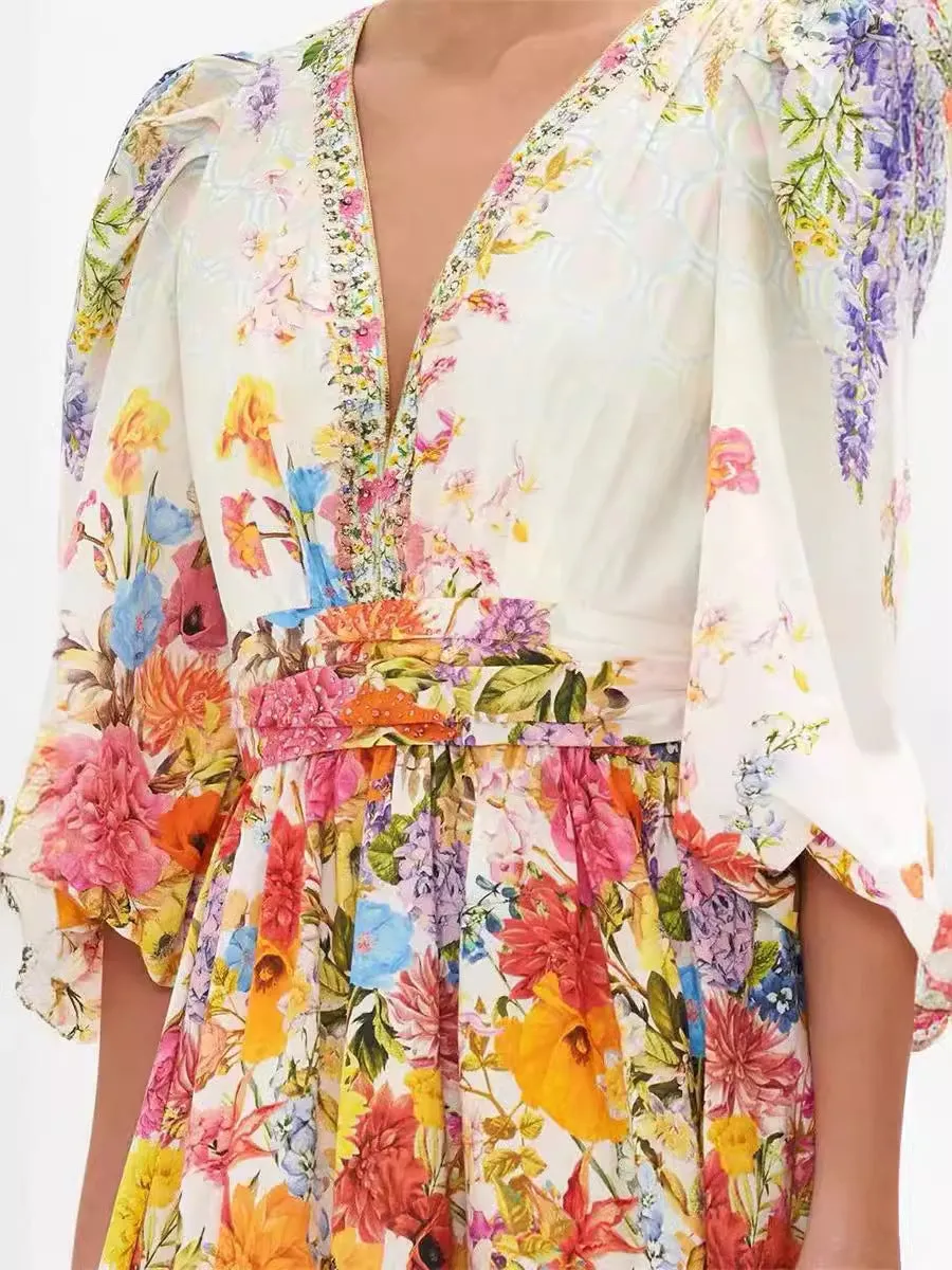 PUFF SLEEVE PRINT SILK MINI DRESS Gloria Lanvin