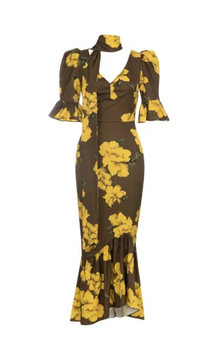 PUFF SLEEVE RETRO TUBE TOP PRINTED RUFFLE MAXI DRESS Gloria Lanvin