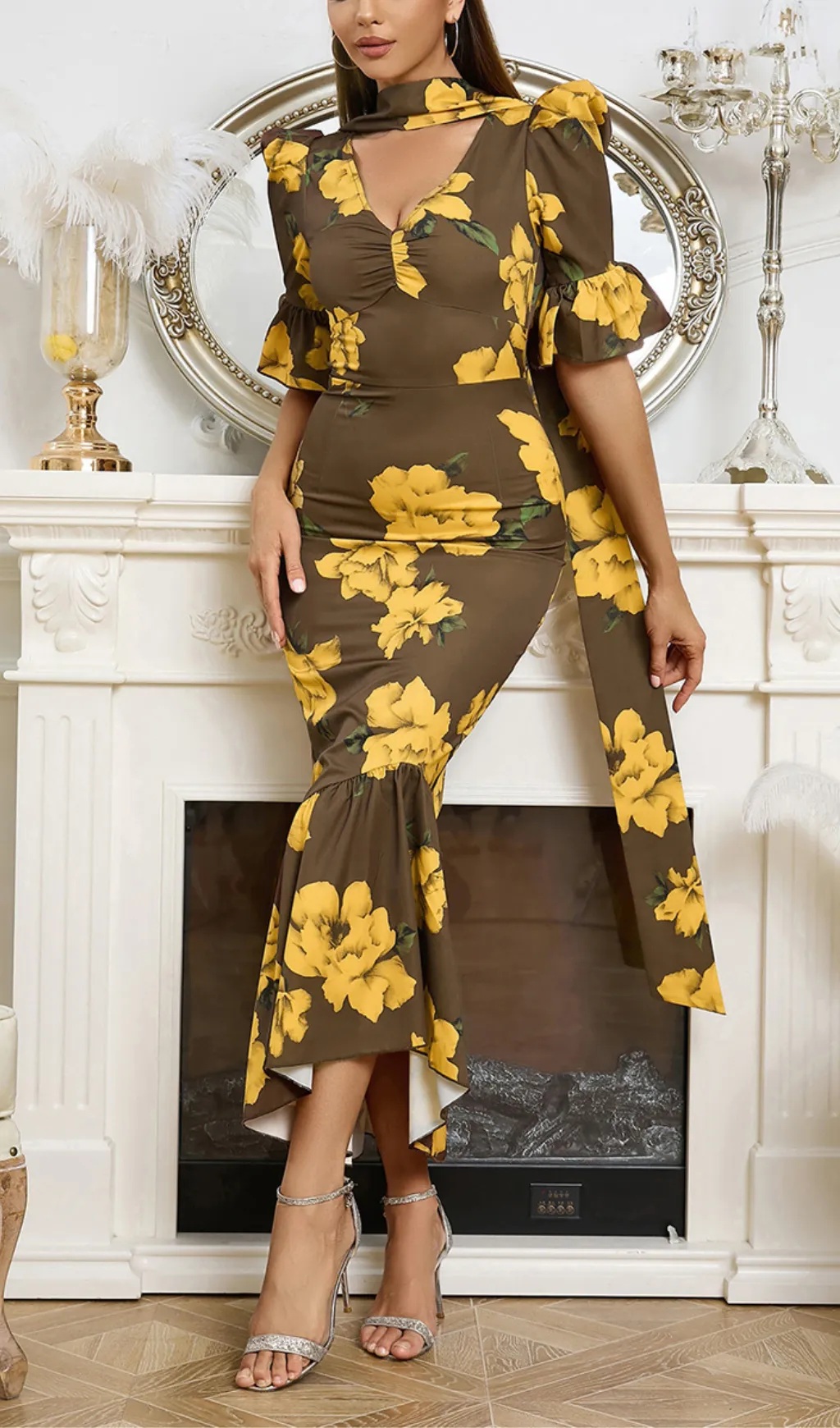 PUFF SLEEVE RETRO TUBE TOP PRINTED RUFFLE MAXI DRESS Gloria Lanvin