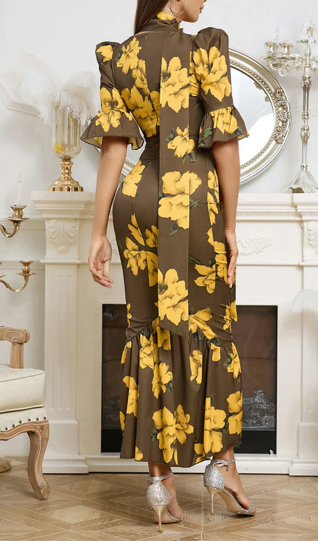 PUFF SLEEVE RETRO TUBE TOP PRINTED RUFFLE MAXI DRESS Gloria Lanvin