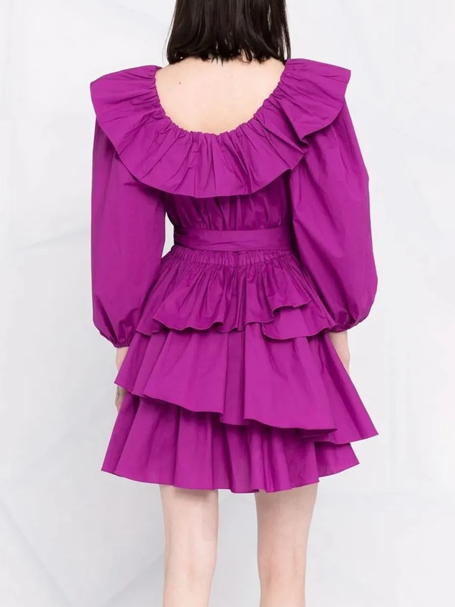 PUFF SLEEVE RUFFLE LAYER MINI DRESS IN PURPLE Gloria Lanvin