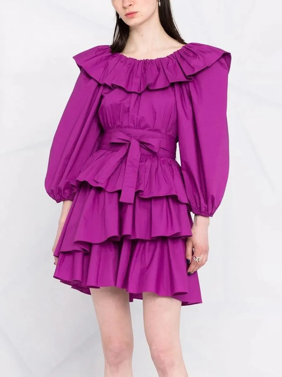PUFF SLEEVE RUFFLE LAYER MINI DRESS IN PURPLE Gloria Lanvin