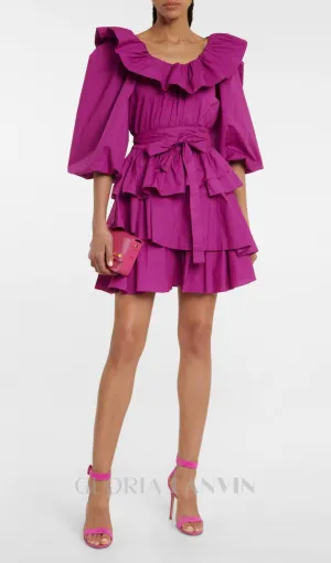 PUFF SLEEVE RUFFLE LAYER MINI DRESS IN PURPLE Gloria Lanvin