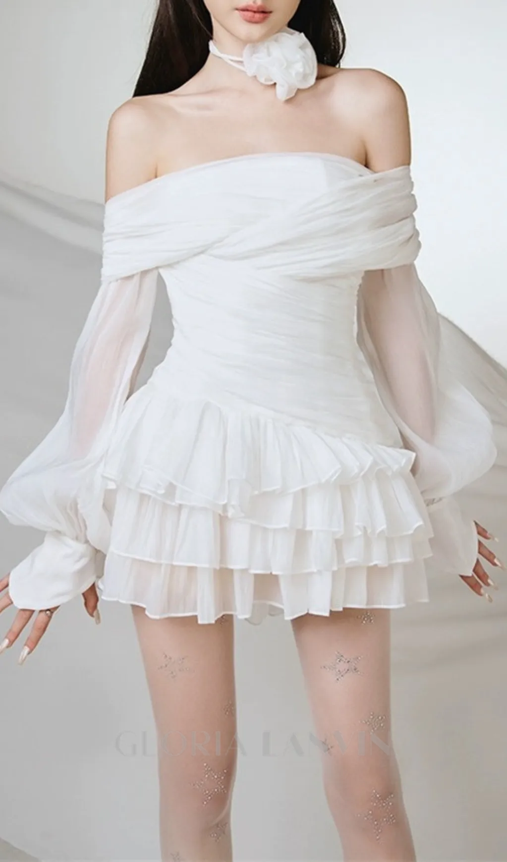PUFF SLEEVE RUFFLE TRIM MESH CREP DRESS IN WHITE Gloria Lanvin
