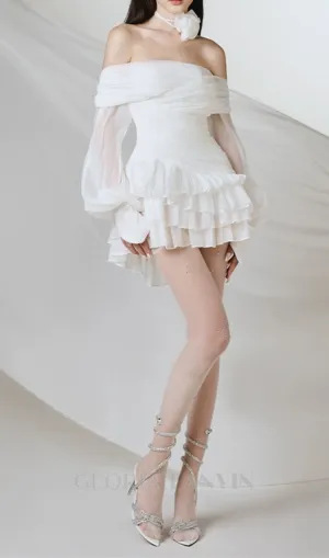 PUFF SLEEVE RUFFLE TRIM MESH CREP DRESS IN WHITE Gloria Lanvin