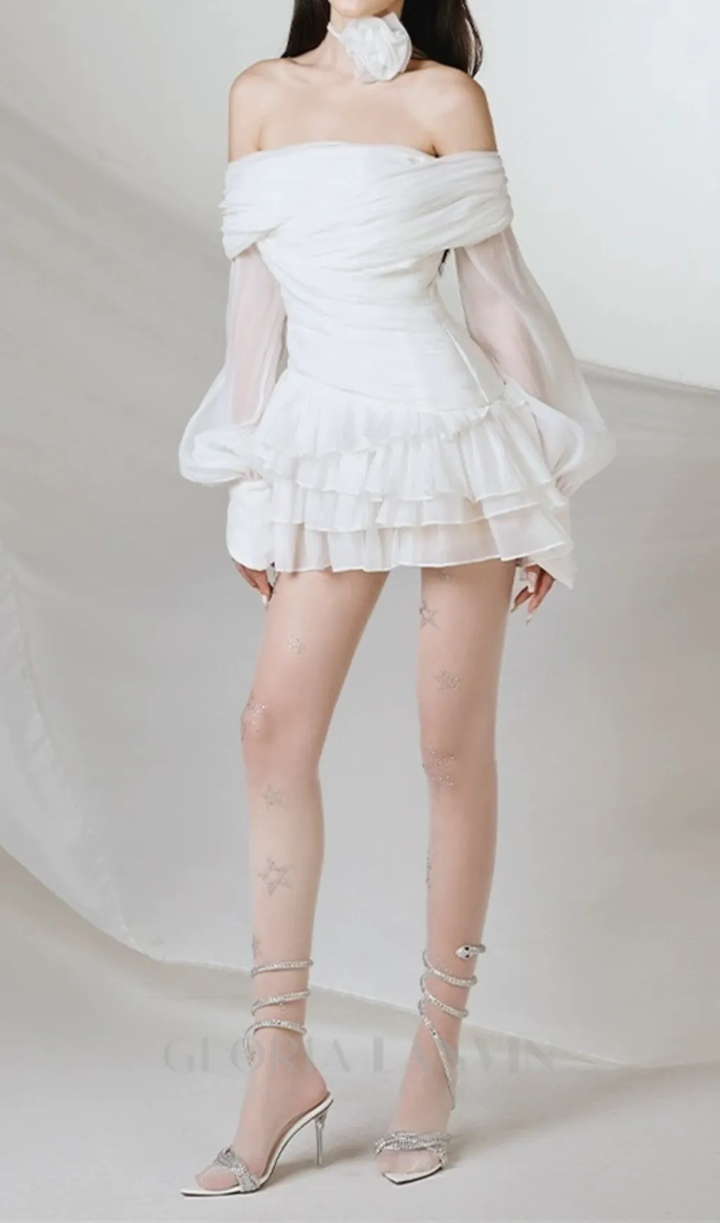PUFF SLEEVE RUFFLE TRIM MESH CREP DRESS IN WHITE Gloria Lanvin