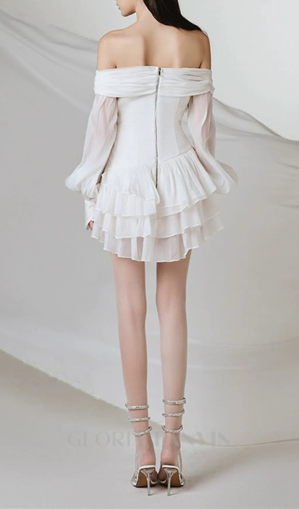 PUFF SLEEVE RUFFLE TRIM MESH CREP DRESS IN WHITE Gloria Lanvin