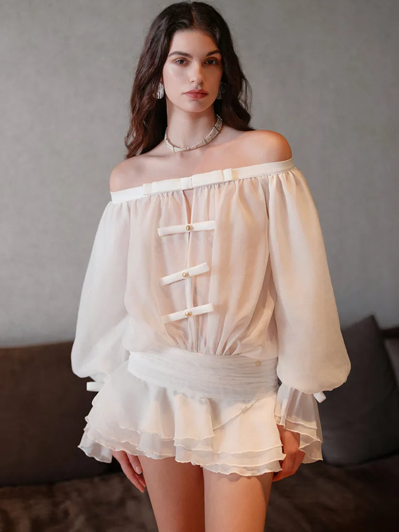 puff sleeve strapless mini dress in pearl white Gloria Lanvin