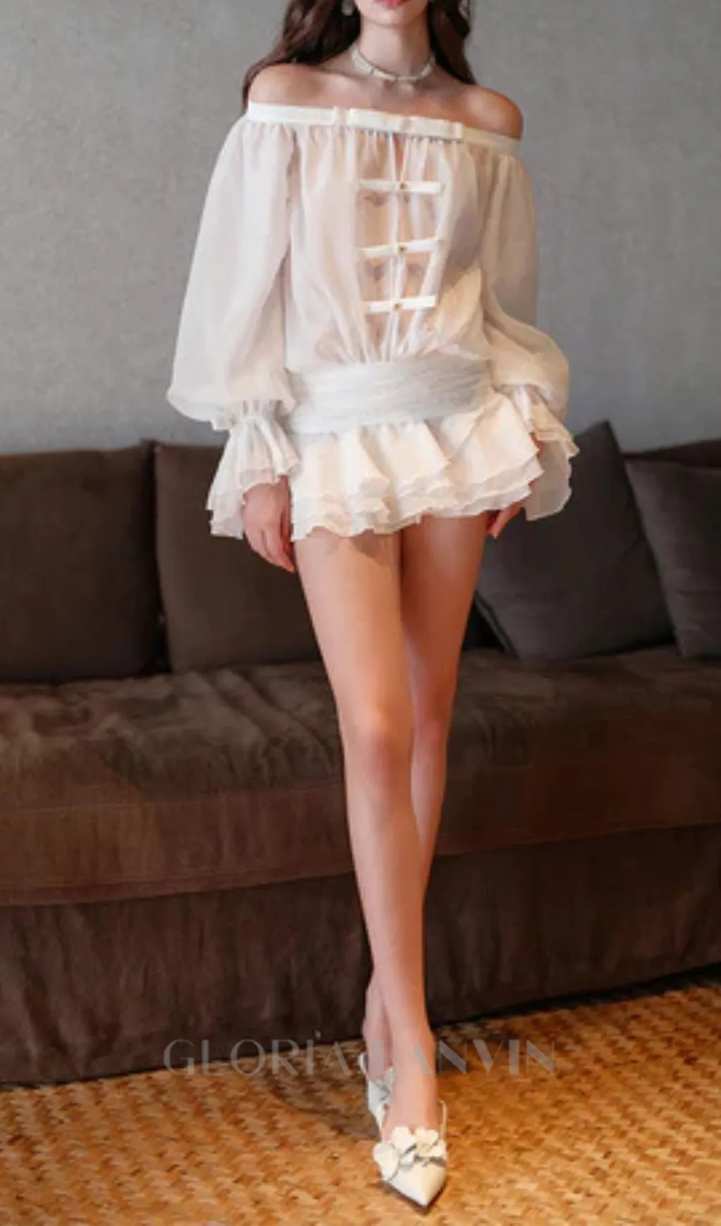 puff sleeve strapless mini dress in pearl white Gloria Lanvin