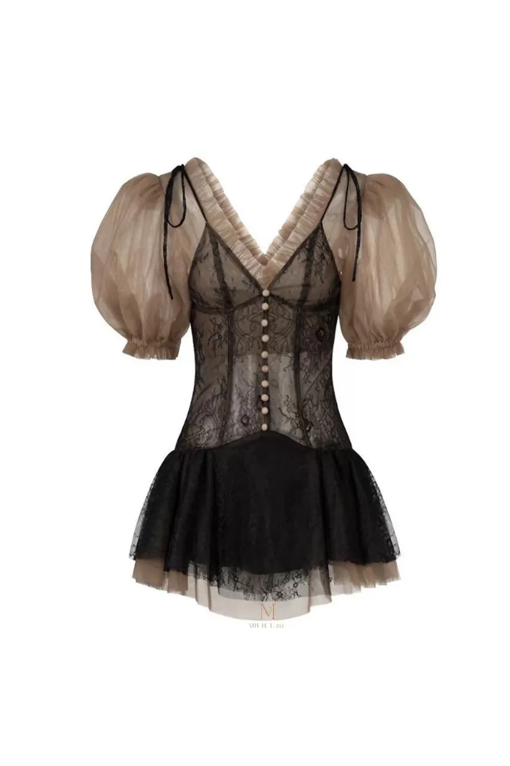 puff sleeve top lace skirt set in black Gloria Lanvin