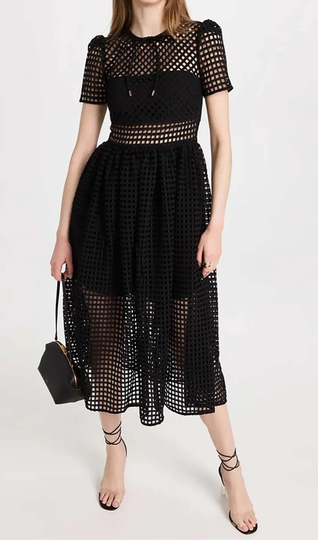 PUFFED SLEEVE LACE MIDI DRESS IN BLACK Gloria Lanvin